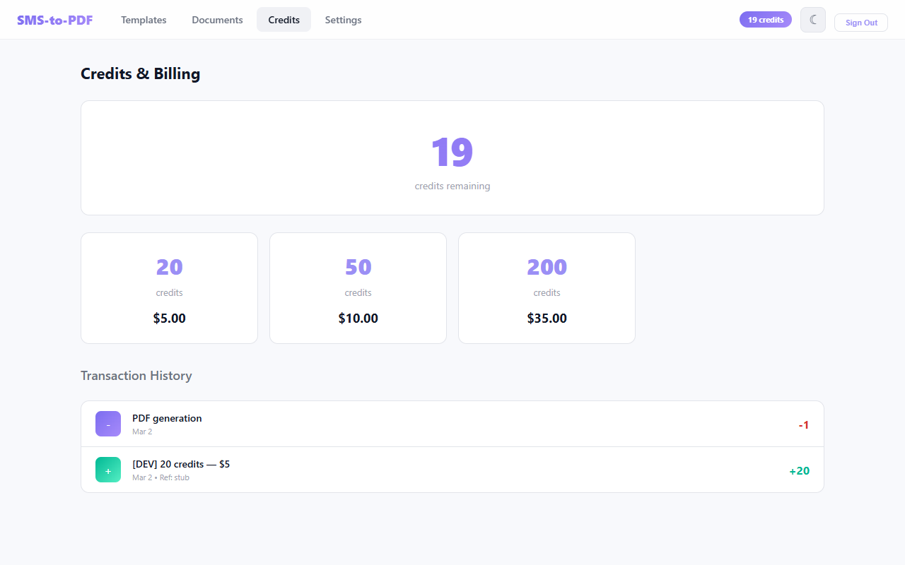 Credits & billing page