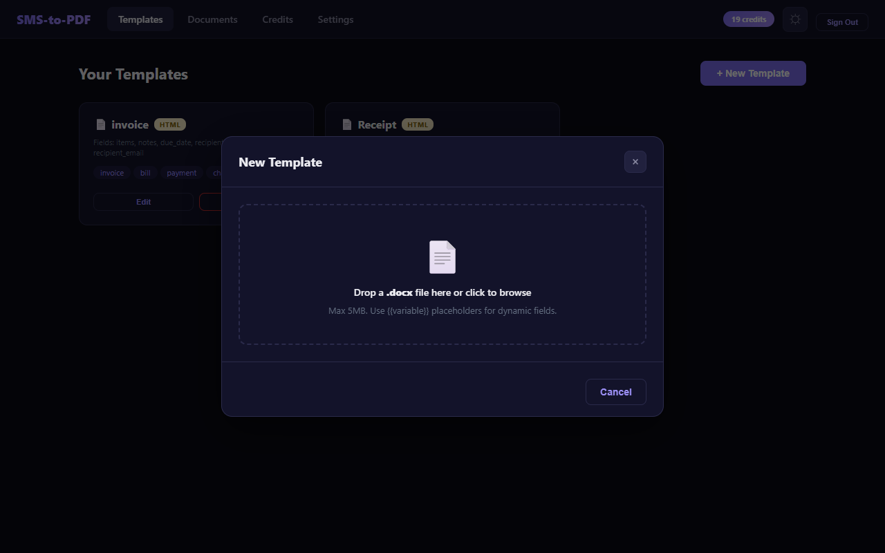 Upload a .docx template with placeholders