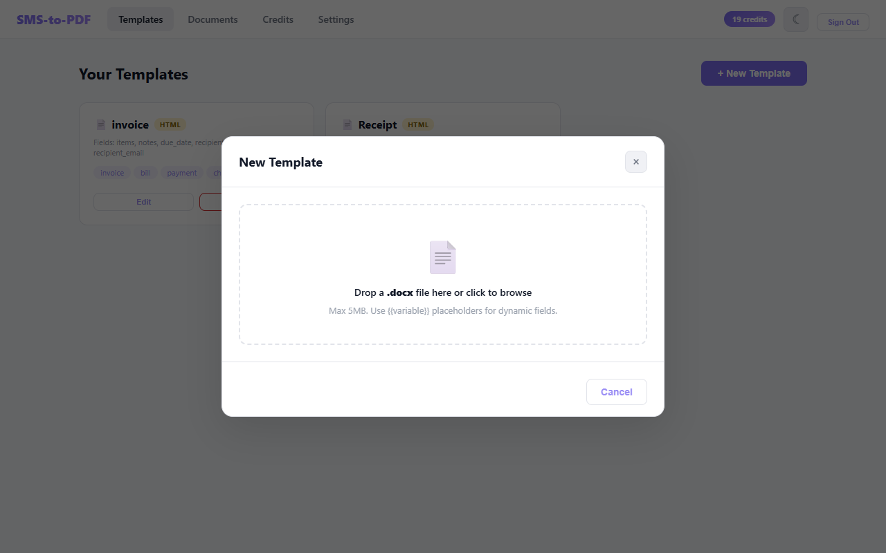 Upload a .docx template with placeholders